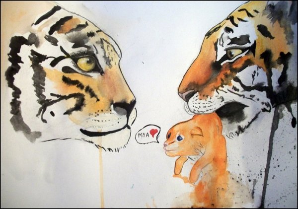 Рисование акварелью тигр с детьми