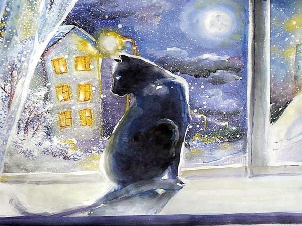 Кот на окне гуашью