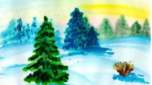 Зимний пейзаж акварелью для детей