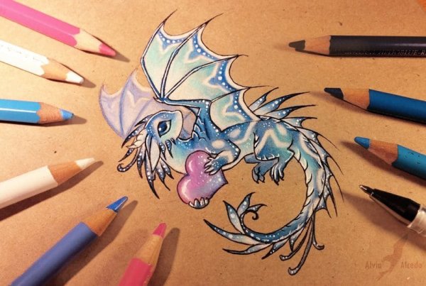 Дракон акварельными карандашами