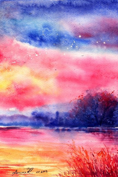 Пейзаж акварелью яркий