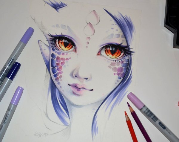 Аниме акварельными карандашами