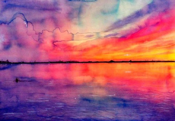 Акварельный пейзаж закат