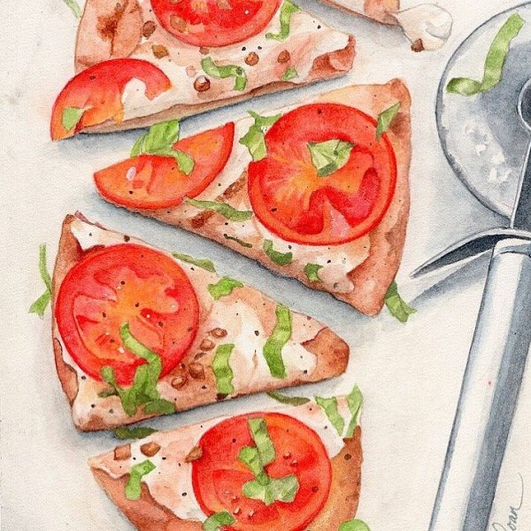 Кусок пиццы акварелью