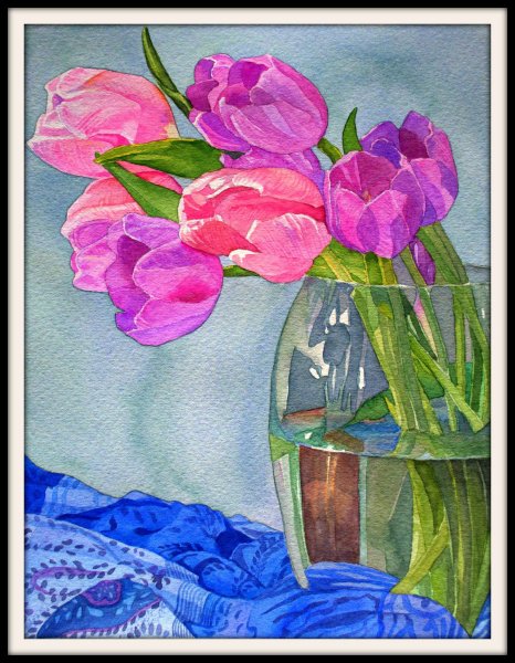 Тюльпаны в вазе акварелью