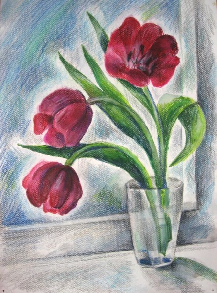 Натюрморт с цветами цветными карандашами