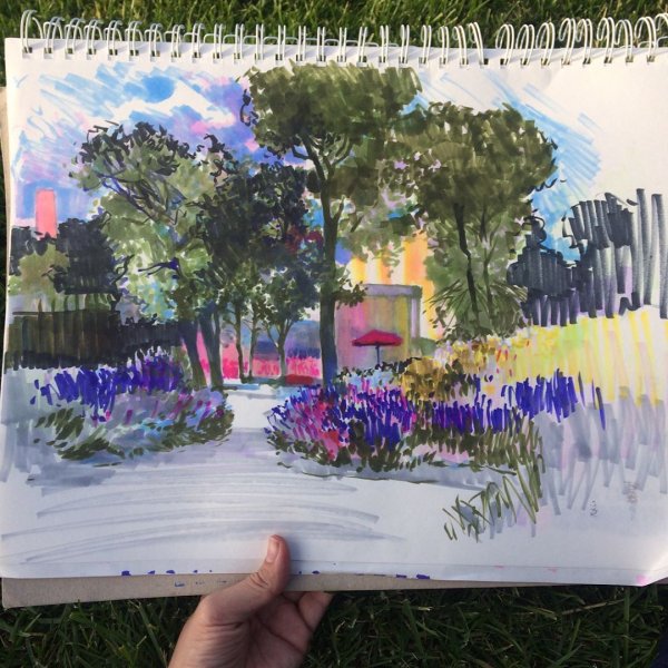 Весенний пейзаж цветными карандашами