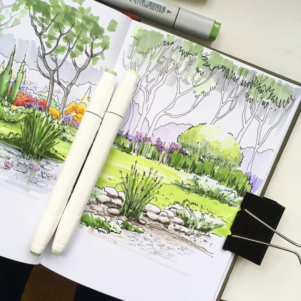 Пейзаж с домиком акварелью