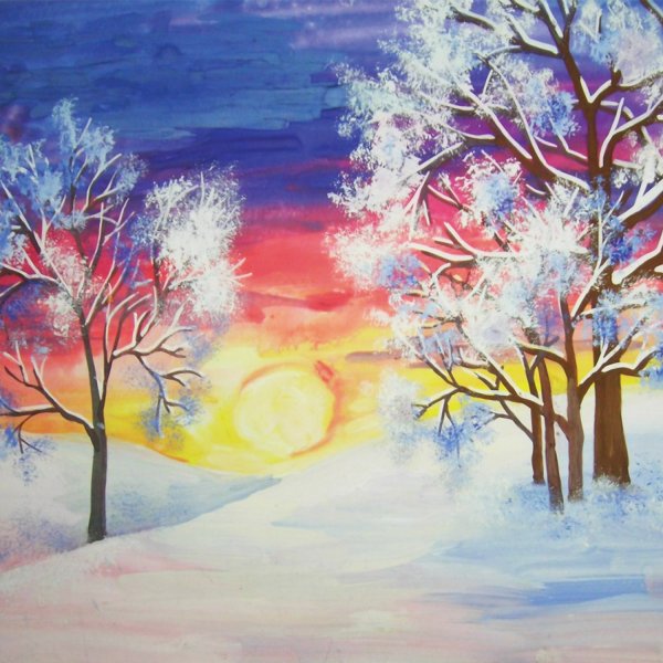 Зимний пейзаж с оленем рисунок