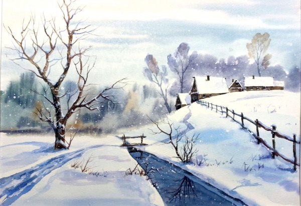 Простой зимний пейзаж гуашью