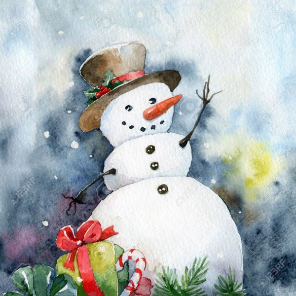 Снеговик акварель