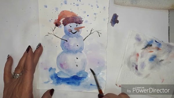 Снеговик акварелью для детей