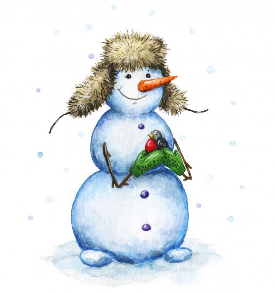 Снеговик карандашами акварельными