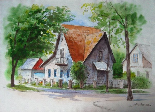 Сельский пейзаж цветными карандашами