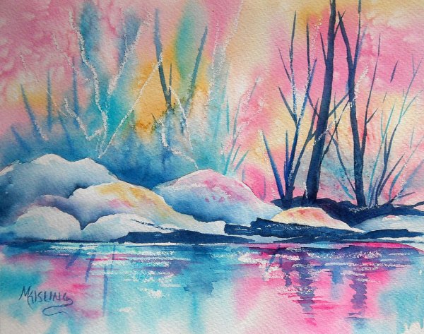 Ночной зимний пейзаж гуашью