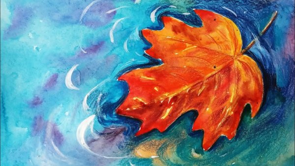 Осенние листья в луже гуашью