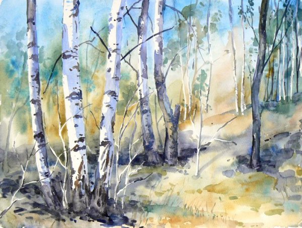 Горное озеро акварель