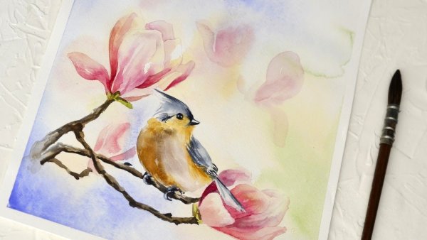 Птичка акварелью для начинающих