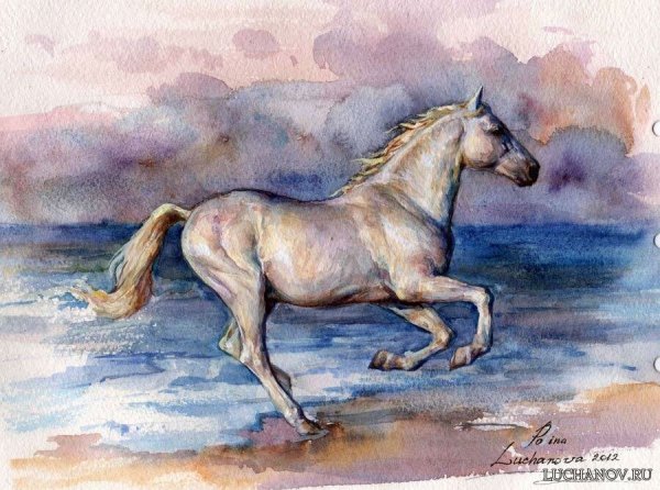 Пейзаж с лошадьми акварелью