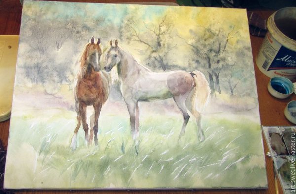 Пейзаж с лошадью гуашью