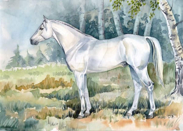 Пейзаж с лошадьми акварелью