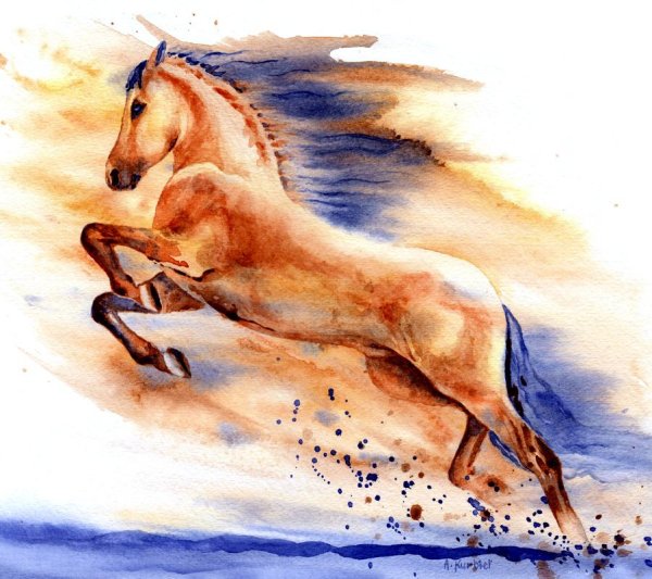 Лошади бегут акварель