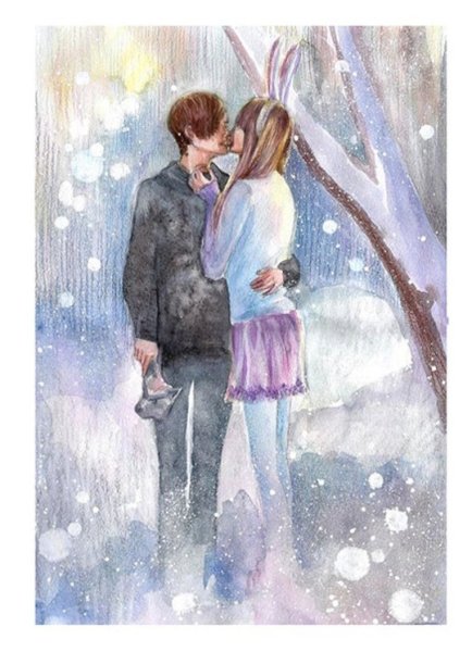 Влюбленные зимой акварель