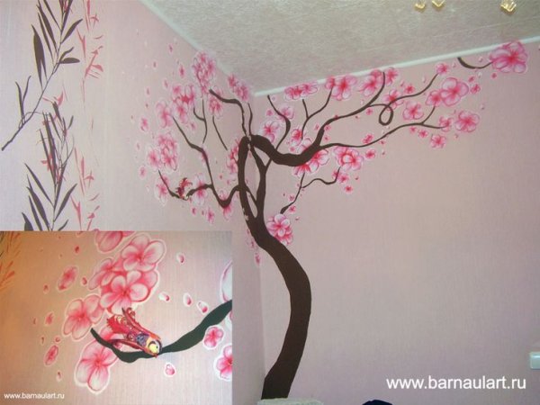 Сакура на стене в углу