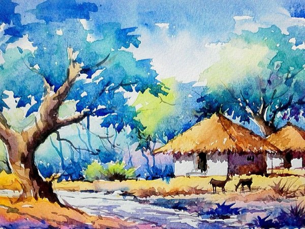 Простой пейзаж акварелью