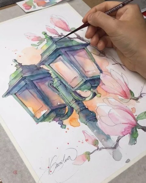 Пейзаж акварельными карандашами