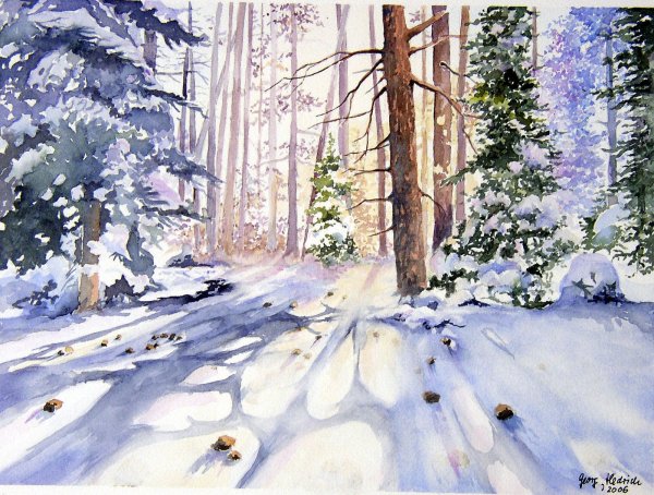 Зимний Лесной пейзаж акварелью