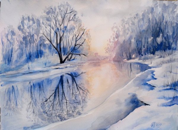 Зимний лес акварель