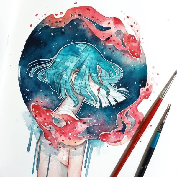 Аниме персонажи акварелью