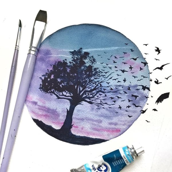 Рисунки акварелью на холсте