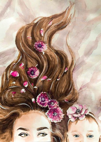 Мама и дочь рисунок акварелью