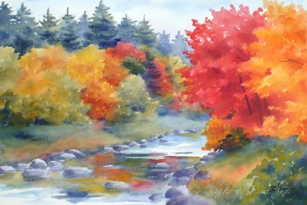 Пейзаж осени красками акварелью