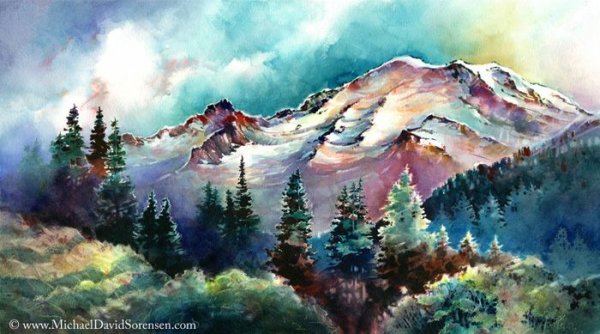 Горы Домбая акварель