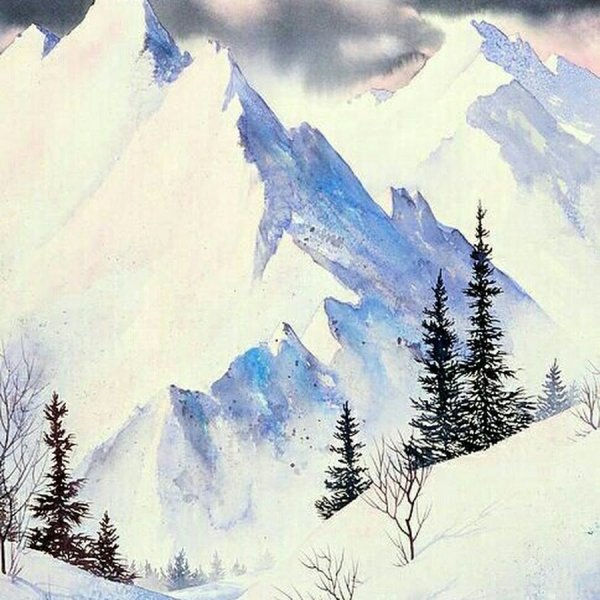 Зимний пейзаж с горами акварель