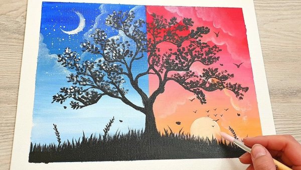 Пейзаж в круге карандашом