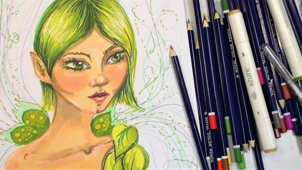 Аниме акварельными карандашами