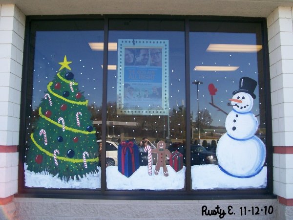 Дед Мороз на окне гуашью