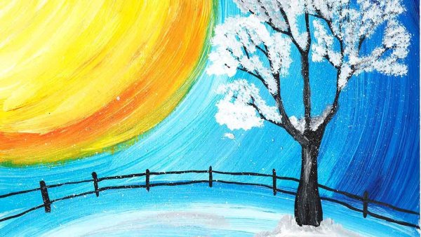 Зимний пейзаж акварелью для начинающих