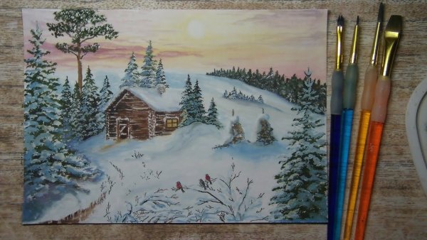 Зимний пейзаж белой гуашью