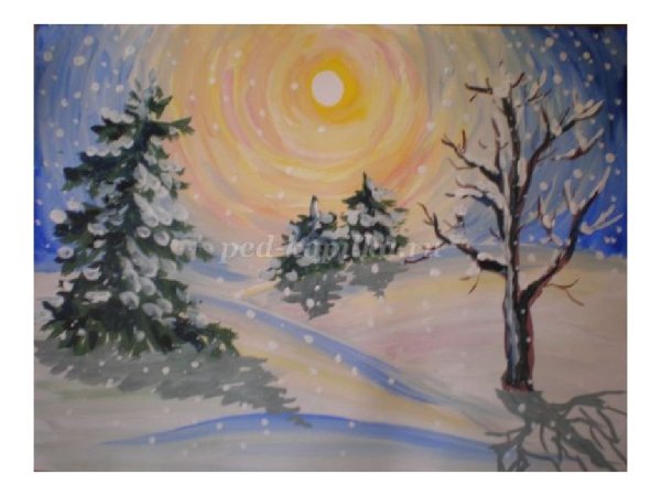 Зимний пейзаж пошаговое рисование для детей