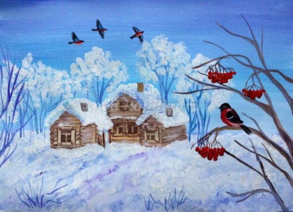 Зимний пейзаж гуашью для детей поэтапно