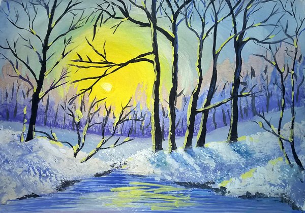 Пейзаж гуашью зима