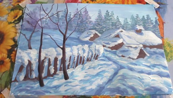 Зимний пейзаж гуашью