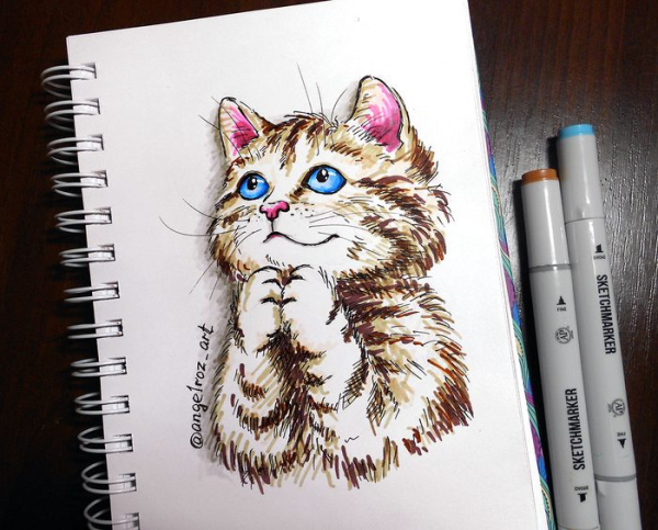 Кот скетч маркерами