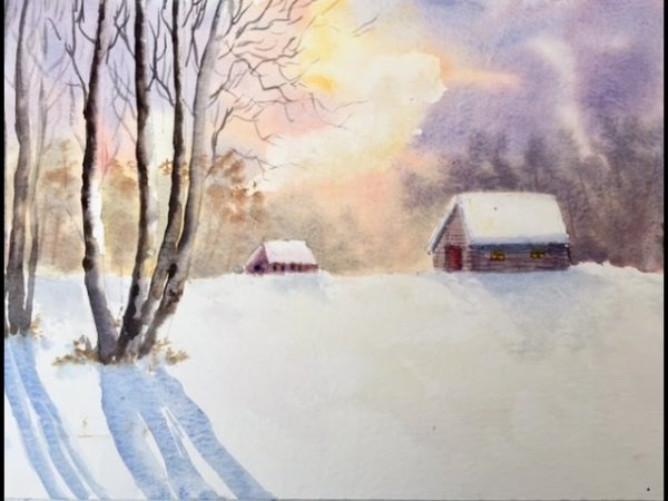 Зимний пейзаж акварелью и солью