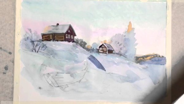 Зимний пейзаж акварелью по мокрому